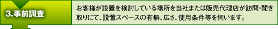 3.事前調査　-　お客様が設置を検討している場所を当社または販売代理店が訪問・聞き取りにて、設置スペースの有無、広さ、使用条件等をうかがいます。