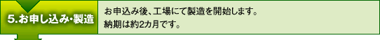 5.お申し込み・製造　-　お申し込み後、工場にて製造を開始します。納期は約2ヶ月です。